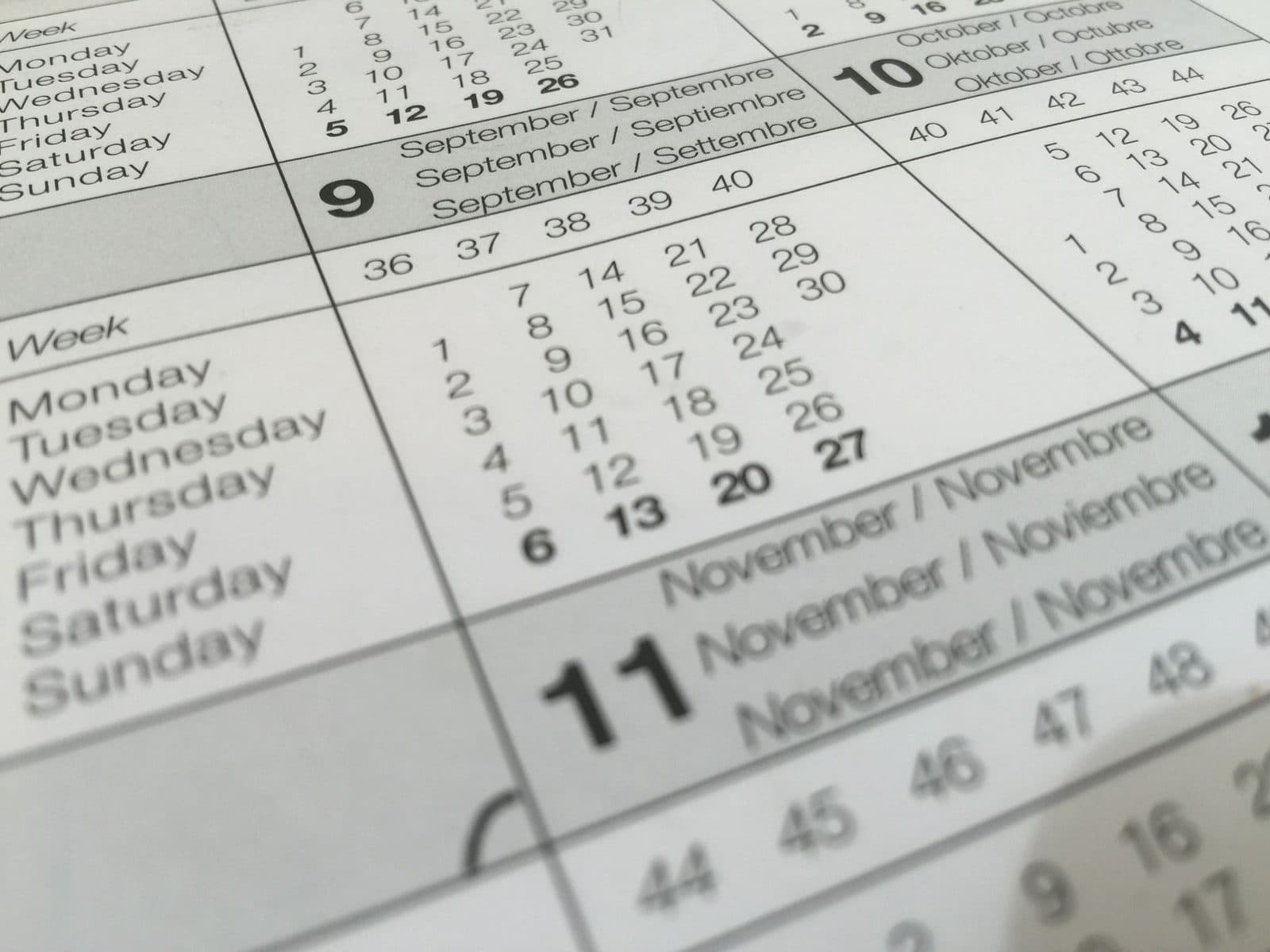 A printed calendar opened across September, October and November
